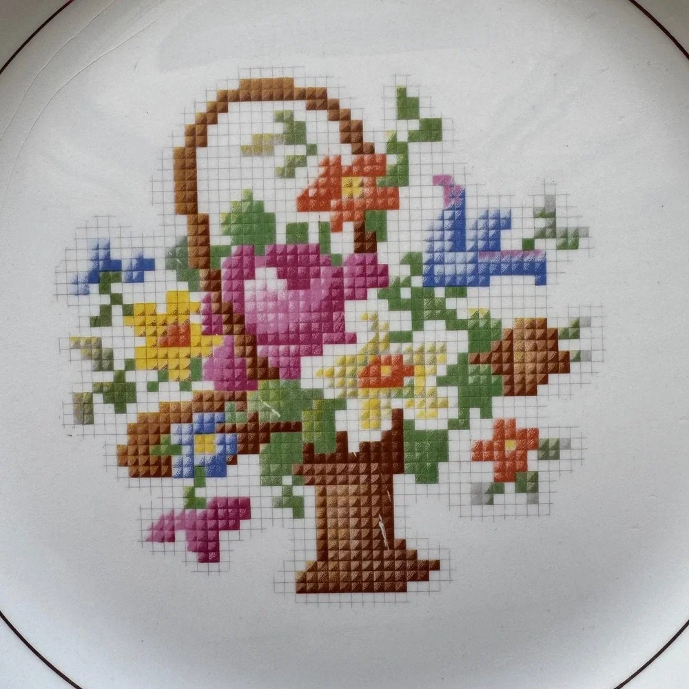 Vintage Salem China Co Basket P.P. Oval Serving Platter Cross Stitch Floral